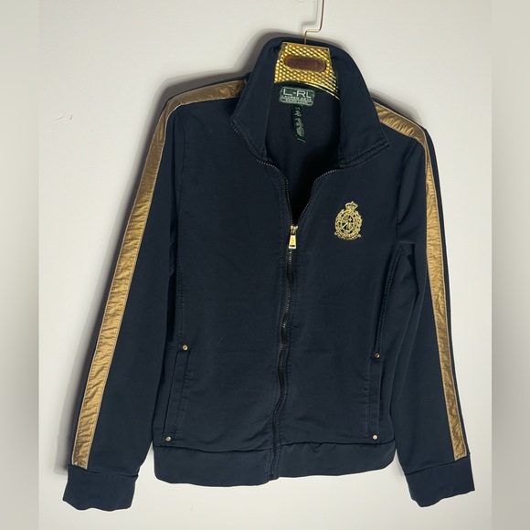 Lauren Active Ralph Lauren black gold embroidered Crown Crest jacket size Large - Picture 2 of 8